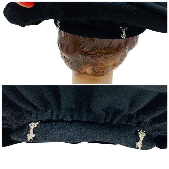 Vintage 1940s Black Wool Round Bow Hat With Arrow Brooch Details